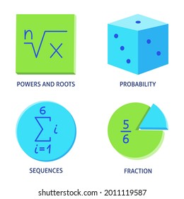 Math icons set in flat style. Powers and roots, sequences, probability and fraction. Vector illustration.