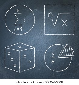 Iconos matemáticos establecidos en el estilo de línea en el pizarrón. Poderes y raíces, secuencias, probabilidad y fracción. Ilustración vectorial.