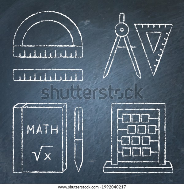 Math instruments icons set in line style on\
chalkboard. Protractor and ruler, compasses and square, theory book\
and abacus. Vector\
illustration.