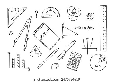 Los elementos matemáticos contornean la colección de garabatos con gráficos estacionarios y gráficos. Pegatinas con contorno educativo monocromo. Clipart de dibujos esquemáticos aislados sobre fondo blanco