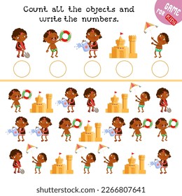 Math for kids. Count boys and girls write numbers. Game for children. How many children do you see here? Vector color illustration.