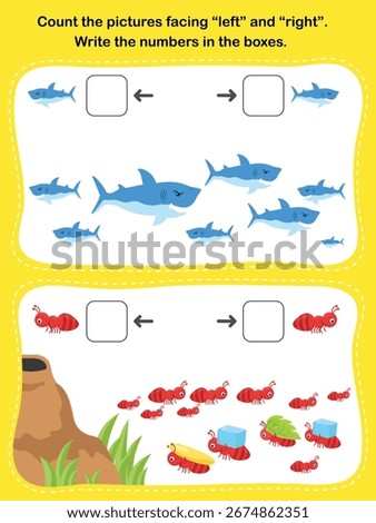 Math for kids. Count the pictures facing “left” and “right”. Write the numbers in the boxes. Fun and Educational Worksheet for Preschool and Kindergarten Activities!