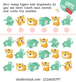 Math for kids. Count and write numbers. Game for children. How many tigers and elephants do you see here? Vector color illustration.