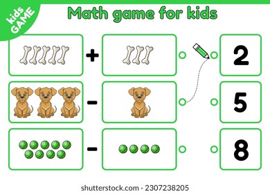 Los niños de las matemáticas juegan para los niños. Tarea de adiestramiento y sustracción. Cuenta y elige la respuesta. Hoja de trabajo para educación preescolar y escolar. Perros de dibujos animados, huesos y bolas. Ilustración vectorial.