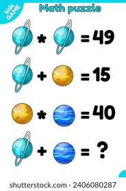 Math kids game. Educational space puzzle for school children. Counting task for learning algebra. Training skills division, addition, subtraction. Cartoon planets the Uranus, Venus, Neptune. Vector.