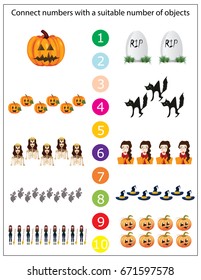 Math kids game. Halloween Vector Illustration. Preschool Kindergarten Worksheets.