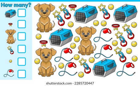 Math kids game How many cartoon puppies and dog accessories. Puzzle for children. Count and write the number. Worksheet for kindergarten and preschool education. Colorful isolated vector illustrations