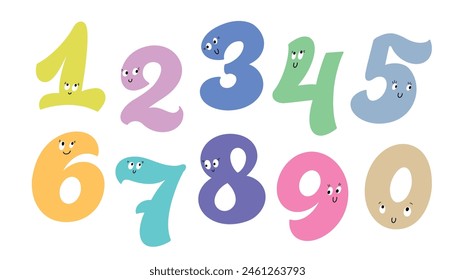 Math for kids. Numbers with cute faces. 