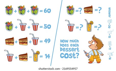 Math Kids Puzzle. How Much Does Each Dessert Cost? Solve The Children Equation. Cartoon Characters. Funny Vector Illustration. Isolated On White Background