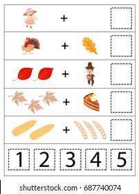 Math Kindergarten Worksheet. Kids Printable Game. Funny Thanksgiving Kids Game. Vector Illustration.