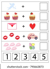 Math Kindergarten worksheet. Kids printable game. Funny Valentines day kids game. Vector Illustration.