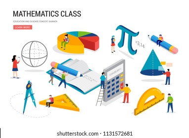 Math Lab And School Class. Science, Education, Mathematics Scene With Miniature People, Students. Isometric Vector Concept Design