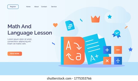 Math and language lesson dictionary calculate icon campaign for web website home homepage landing template banner with cartoon flat style.