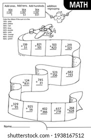 Math learning game for kids. Count and write the correct numbers on ribbon. Flying plane. Solve task with sum tens and hundreds. Worksheet at school or home. White black vector illustration