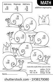 Math learning game for kids. Count and write the correct numbers on the snails. Solve the problem with the sum of tens. Tasks at school or at home. White black vector illustration