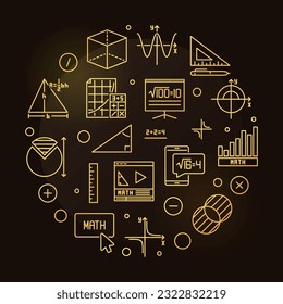 Math Learning vector thin line round golden banner - Mathematics concept circle shaped illustration with dark background