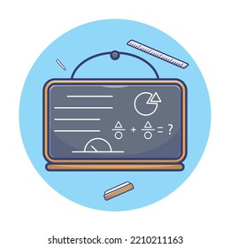 Math lesson cartoon illustration. Blackboard, chalk, eraser, lesson, ruler, cartoon icon. School equipment design for kids