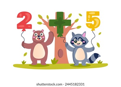 Math lesson concept with character scene in flat cartoon design. A bear and a raccoon have fun teaching math with balloons. Vector illustration.