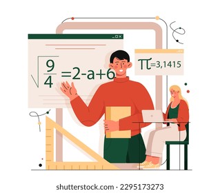 Math lesson concept. Man stands in front of ruler next to board with formulas. Teacher gives online lecture at school or university. Distance learning and webinar. Cartoon flat vector illustration