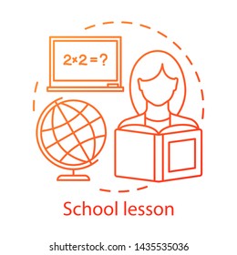Math lesson, knowledge gaining concept icon. Learning process idea thin line illustration. Elementary school subject, education. Globe and female student with book vector isolated outline drawing