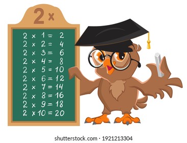 Math lesson multiplication table of 2 by numbers. Owl teacher at blackboard shows table of multiplication examples. Vector cartoon illustration