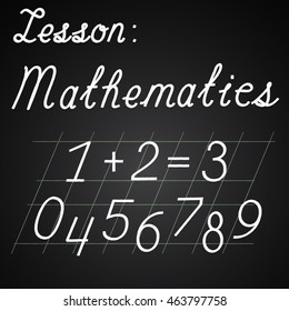 Math lesson, numbers from 0 to 9 and simple math equation, vector illustration