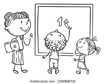 Math Lesson, Teacher And Students Writing On The Blackboard. Line Drawing Vector Clip Art.