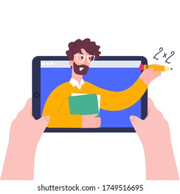 Math lesson, video course, online education, distance education, web seminar, internet class, personal teacher service with female mentor. Hands holding a tablet with a video calling application.
