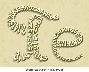 The math letter e and Pi yellow depicted from the figures of which they consist, on the mathematical background