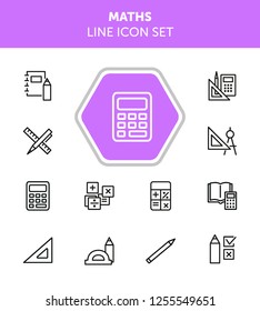 Math line icon set. Set of line icons on white background. Calculation concept. Calculator, pencil, protractor. Vector illustration can be used for topics like school, college, education