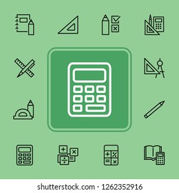 Math line icon set. Set of line icons on white background. Calculation concept. Calculator, pencil, protractor. Vector illustration can be used for topics like school, college, education