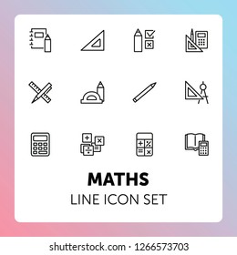 Math line icon set. Set of line icons on white background. Calculation concept. Calculator, pencil, protractor. Vector illustration can be used for topics like school, college, education