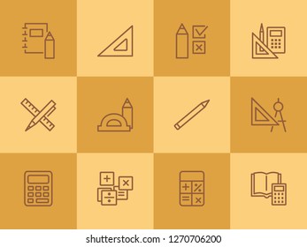 Math line icon set. Set of line icons on white background. Calculation concept. Calculator, pencil, protractor. Vector illustration can be used for topics like school, college, education