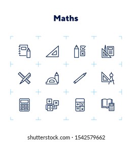 Math line icon set. Set of line icons on white background. Calculation concept. Calculator, pencil, protractor. Vector illustration can be used for topics like school, college, education