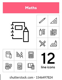 Math line icon set. Set of line icons on white background. Calculation concept. Calculator, pencil, protractor. Vector illustration can be used for topics like school, college, education