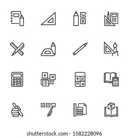 Math line icon set. Set of line icons on white background. Calculation concept. Calculator, pencil, protractor. Vector illustration can be used for topics like school, college, education