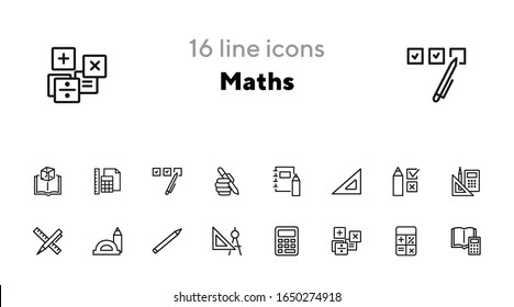 Math line icon set. Set of line icons on white background. Calculation concept. Calculator, pencil, protractor. Vector illustration can be used for topics like school, college, education
