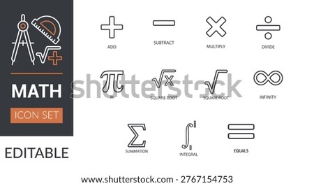 Math line icons set in modern outline style. Collection includes basic and advanced mathematical symbols such as addition, subtraction, multiplication, division, pi, square root, infinity, summation, integral, and equals. Editable stroke vector icons isolated on light background, ideal for education, school, science, engineering, and academic design.