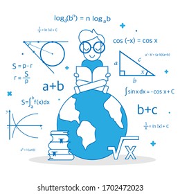 Math linear illustration with boy reading on globe. Modern color thin line concept of mathematics for school, university and training. Vector illustration with different elements on the subject mathematics.