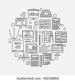 Math linear illustration - vector round mathematics education symbol made with thin line math signs