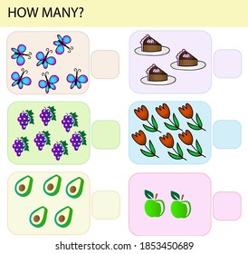 Math logic educational task game for children with fruits and toys. Calculate how much. Vector.
