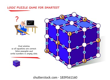 Math logic puzzle game for smartest. Find solution so all equations are correct. Solve examples and write numbers in empty slots. Page for brain teaser book. Memory training exercises for seniors.