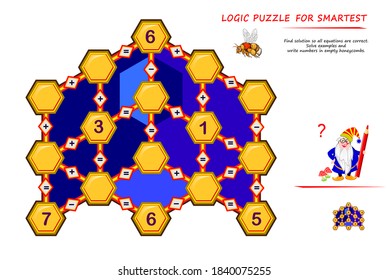 Math logic puzzle game for smartest. Find solution so all equations are correct. Solve examples and write numbers in empty honeycombs. Page for brain teaser book. Memory training exercises.