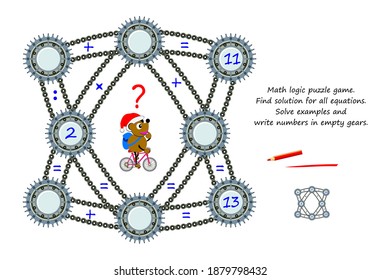 Math logic puzzle game for smartest. Find solution for all equations. Solve examples and write numbers in empty gears. Page for brain teaser book. Play online. IQ test. Memory training for seniors.