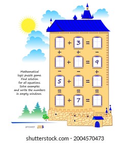 Math logic puzzle game for smartest. Find solution for all equations. Solve examples and write numbers in empty windows. Page for brain teaser book. Play online. Exercises on addition and subtraction