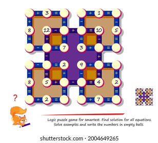 Math logic puzzle game for smartest. Find solution for all equations. Solve examples and write numbers in empty balls. Page for brain teaser book. Play online. Exercises on addition and subtraction.