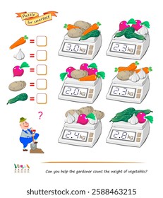 Math logic puzzle game for smartest. Can you help the gardener count the weight of vegetables? Solve examples and write the numbers. Find solution for all scales. Brain teaser book. Flat vector image