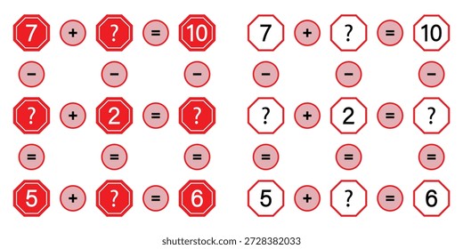 Hoja de cálculo de rompecabezas de lógica matemática para niños con ecuaciones de suma y resta.