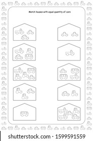 Math and logic worksheets for kids. Number recognition, count up to 5. 1, 2, 3, 4. Play cars and learn mathematics. For kindergarten and homeschooling. For children 2 to 5. Black and white.
