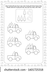 Math and logic worksheets for kids. Number recognition, count up to 5. 1, 2, 3, 4. Play cars and learn mathematics. For kindergarden and homeschooling. For children 2 to 5. Black and white.
